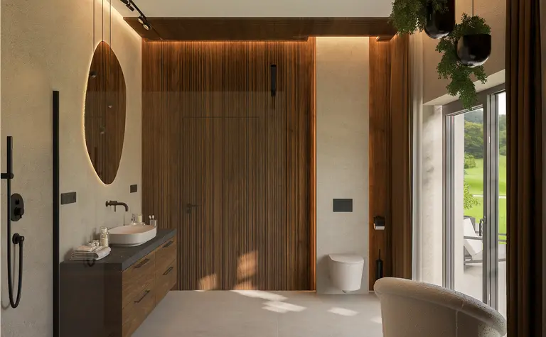 Nowoczesna łazienka quiet luxury z drewnianymi detalami i dużym oknem.