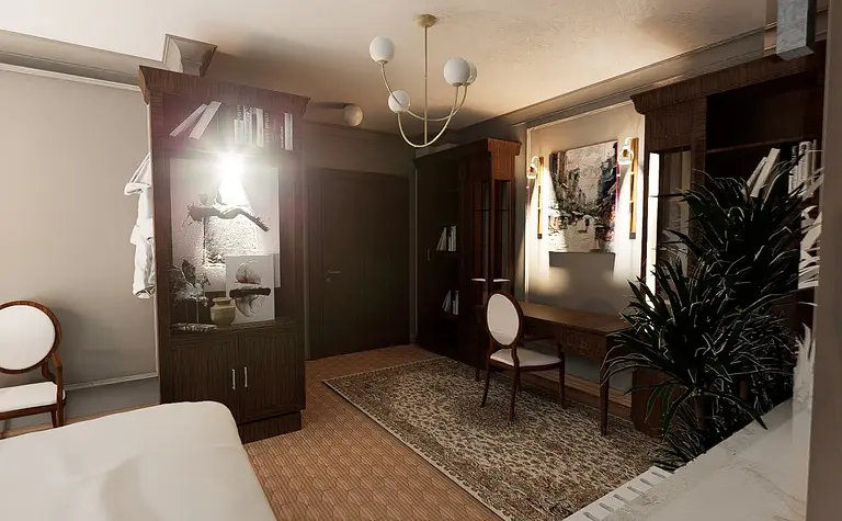 Gabinet z elementami art deco i skandynawskim stylem, z drewnianymi meblami i rośliną.