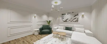 Wnętrze salonu z nowoczesnymi meblami i skandynawskim akcentem.