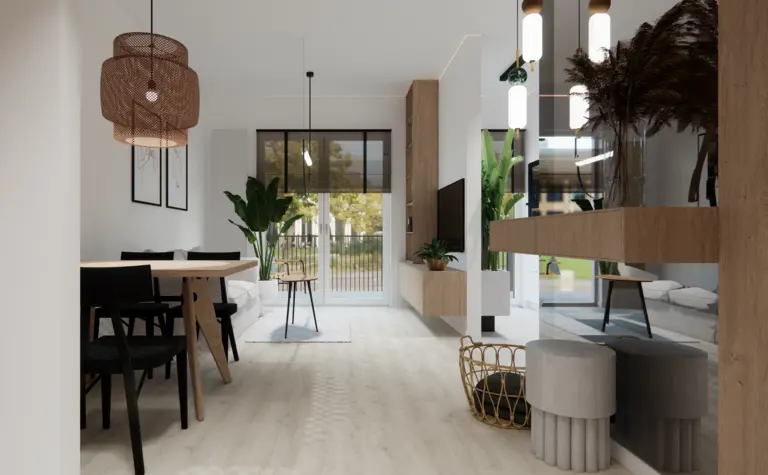 Wnętrze jadalni w stylu minimalistycznym i soft minimalizm z drewnianym stołem i roślinami.