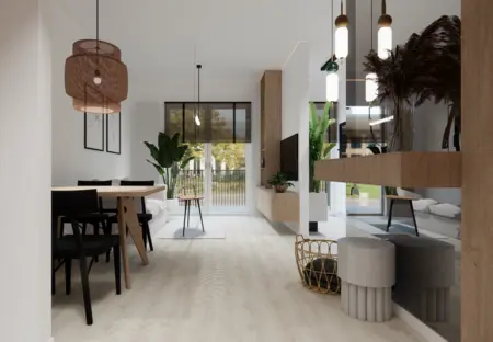 Wnętrze jadalni w stylu minimalistycznym i soft minimalizm z drewnianym stołem i roślinami.