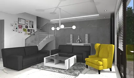 Wnętrze salonu w stylu industrialnym z minimalistycznymi meblami i żółtym fotelem.