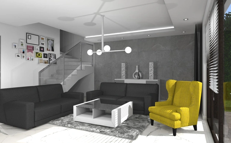 Wnętrze salonu w stylu industrialnym z minimalistycznymi meblami i żółtym fotelem.