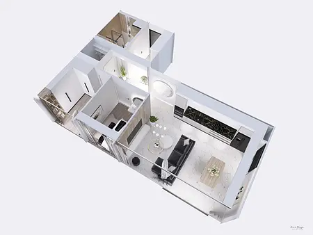 Wnętrze mieszkania w stylu minimaluxe, nowoczesne z elementami quiet luxury, współczesne.