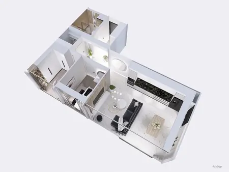 Wnętrze mieszkania w stylu minimaluxe, nowoczesne z elementami quiet luxury, współczesne.