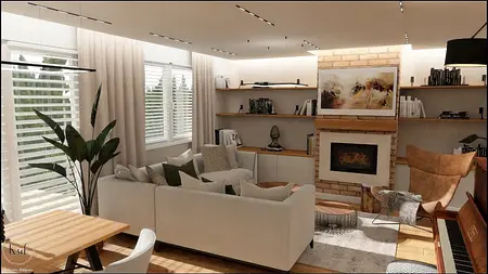 Wnętrze salonu w stylu eklektycznym z białą sofą, drewnianym kominkiem i półkami.