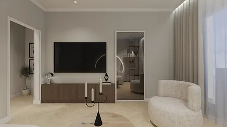 Wnętrze salonu w stylu soft minimalizm z szarymi ścianami i drewnianymi meblami.