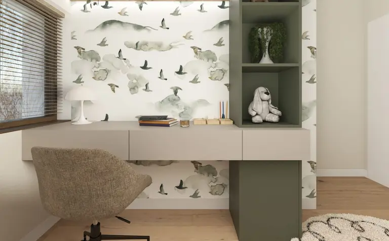Minimalistyczny gabinet w stylu japandi z biurkiem i dekoracjami.