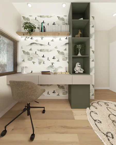 Minimalistyczny gabinet w stylu japandi z biurkiem i dekoracjami.