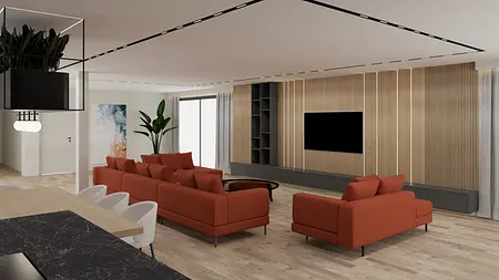 Nowoczesny salon z brązowymi kanapami i drewnianym wykończeniem.