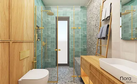 Stylowa łazienka w stylu industrialnym i skandynawskim z turkusowymi kaflami i drewnem.