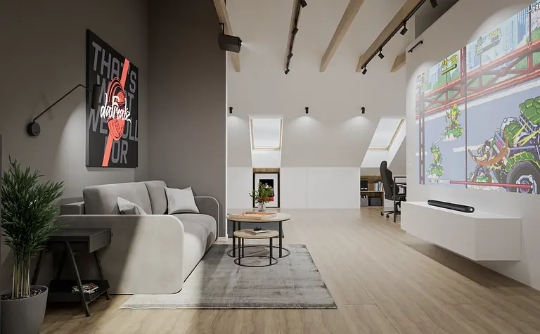 Salon z minimalistycznym wystrojem, szarymi meblami i drewnianą podłogą. Styl nowoczesny, soft minimalizm.