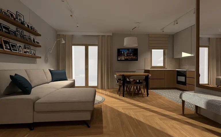 Wnętrze współczesnego salonu z beżową sofą i drewnianym stołem