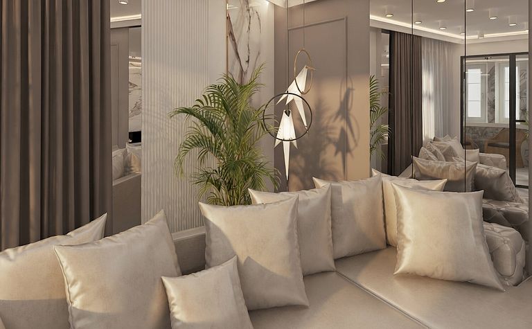 Wnętrze salonu z beżową sofą, rośliną i nowoczesnym oświetleniem glamour.