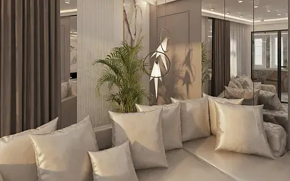 Wnętrze salonu z beżową sofą, rośliną i nowoczesnym oświetleniem glamour.