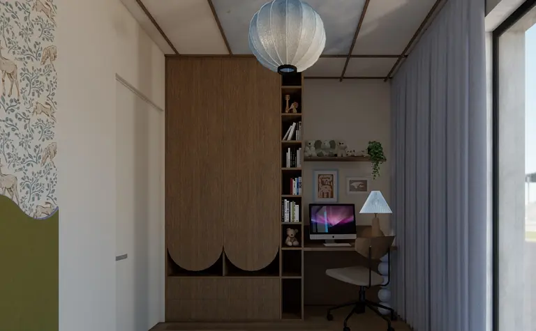 Wnętrze gabinetu w stylu boho i japandi z drewnianymi meblami i roślinami.