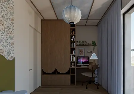 Wnętrze gabinetu w stylu boho i japandi z drewnianymi meblami i roślinami.