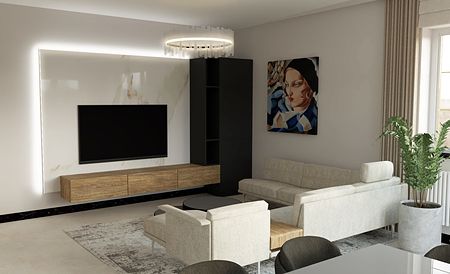 Wnętrze salonu z jasnymi meblami i nowoczesnym oświetleniem w stylu quiet luxury.