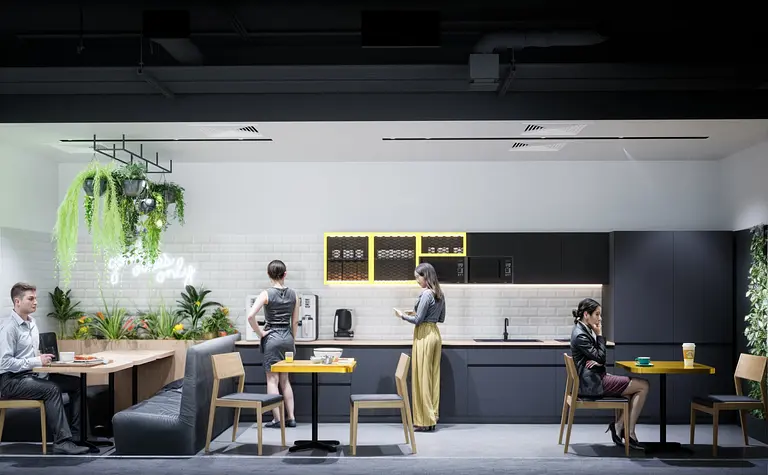 Kuchnia w stylu industrialnym z roślinami i nowoczesnymi meblami.