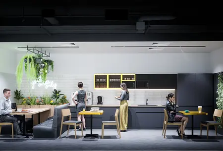 Kuchnia w stylu industrialnym z roślinami i nowoczesnymi meblami.