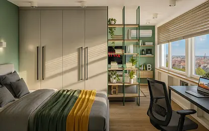 Wnętrze sypialni w stylu industrialnym z minimalistycznym wystrojem, nowoczesne meble.