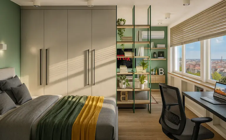 Wnętrze sypialni w stylu industrialnym z minimalistycznym wystrojem, nowoczesne meble.