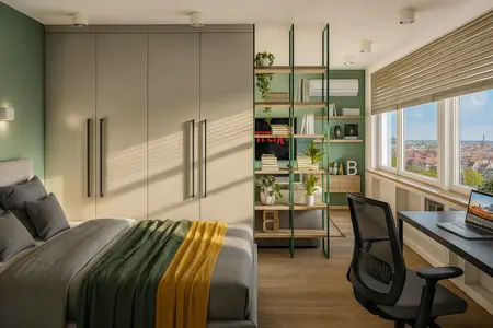 Wnętrze sypialni w stylu industrialnym z minimalistycznym wystrojem, nowoczesne meble.