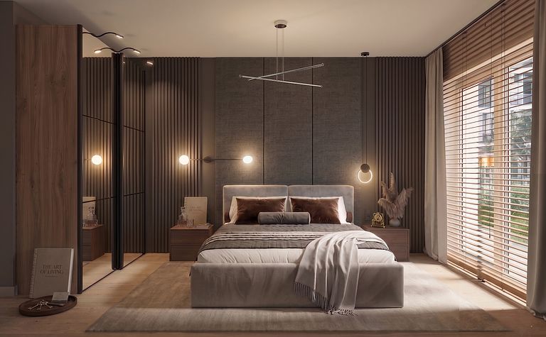 Wnętrze sypialni minimalistycznej z szarymi ścianami i drewnianymi meblami.