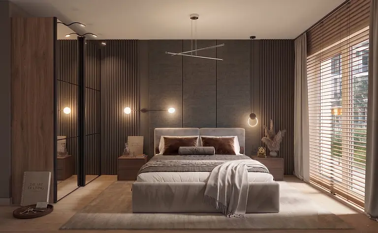 Wnętrze sypialni minimalistycznej z szarymi ścianami i drewnianymi meblami.