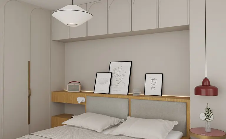 Sypialnia w stylu eklektycznym z nowoczesnym łóżkiem i dekoracjami.