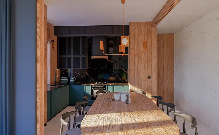 Wnętrze kuchni w stylu eklektycznym z elementami dopamine decor, drewniane meble