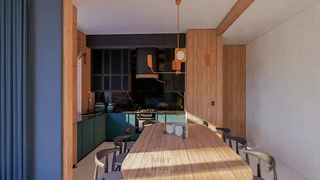 Wnętrze kuchni w stylu eklektycznym z elementami dopamine decor, drewniane meble