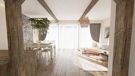 Wnętrze rustykalne z drewnianymi meblami i roślinnością.