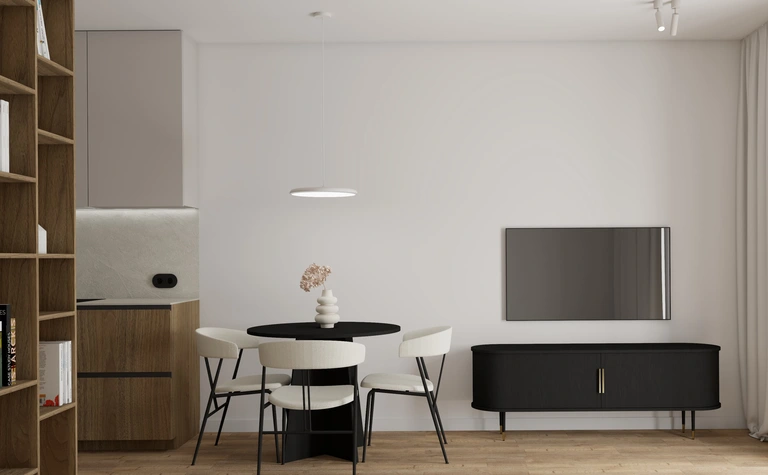 Wnętrze jadalni w stylu eklektycznym, japandi, minimalistycznym, soft minimalizm.