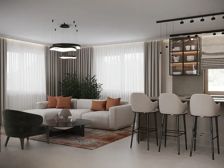 Wnętrze nowoczesnego salonu z minimalistycznym wystrojem i roślinnością.