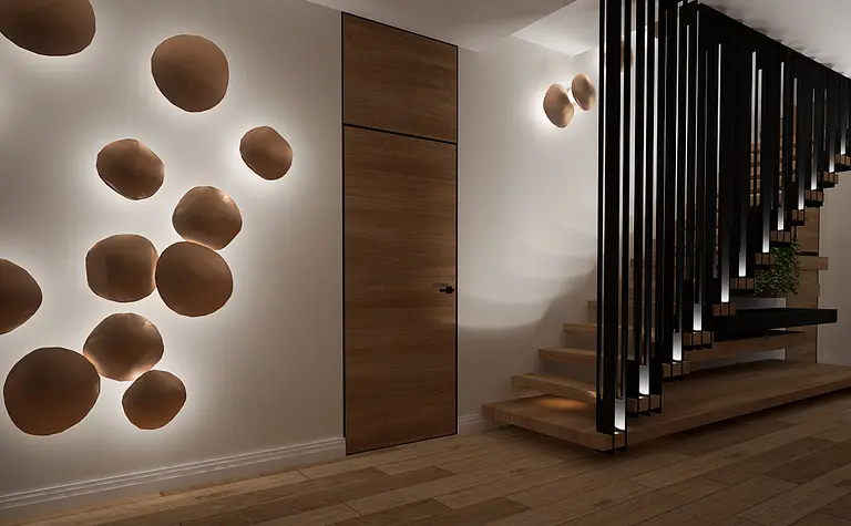 Nowoczesne wnętrze z drewnianymi elementami i oświetleniem, quiet luxury, współczesny design.