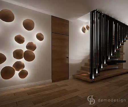 Nowoczesne wnętrze z drewnianymi elementami i oświetleniem, quiet luxury, współczesny design.