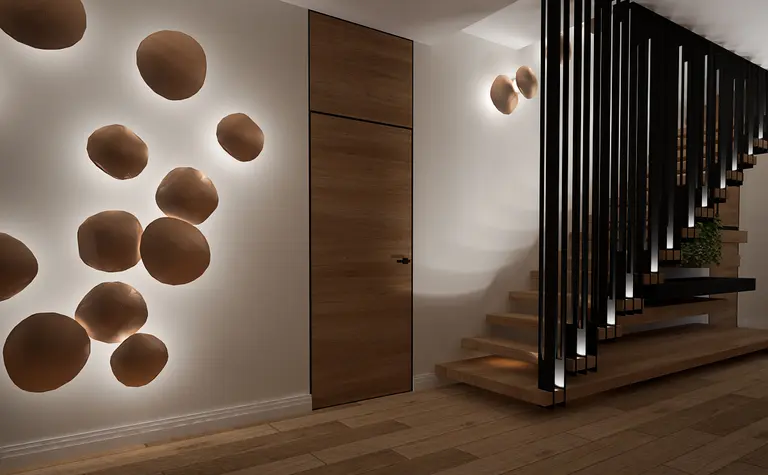 Nowoczesne wnętrze z drewnianymi elementami i oświetleniem, quiet luxury, współczesny design.