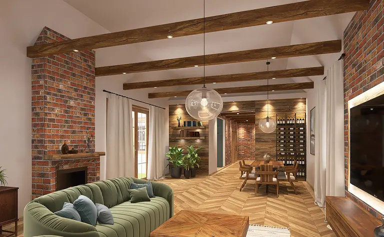 Wnętrze salonu w stylu rustykalnym i industrialnym z drewnianymi akcentami.