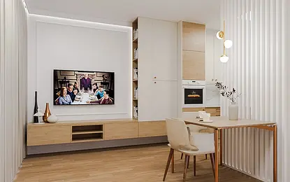 Wnętrze z drewnianymi meblami i telewizorem w stylu quiet luxury