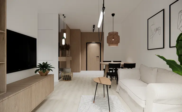 Wnętrze salonu w stylu minimalistycznym z drewnianymi meblami i rośliną.