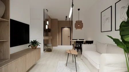 Wnętrze salonu w stylu minimalistycznym z drewnianymi meblami i rośliną.