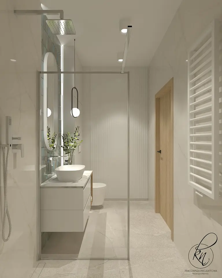 Nowoczesna łazienka z białą umywalką, drewnianymi elementami, minimalistyczny design