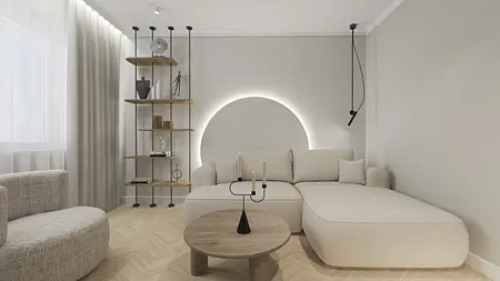 Wnętrze salonu w stylu soft minimalizm z jasnymi meblami i drewnianymi akcentami.