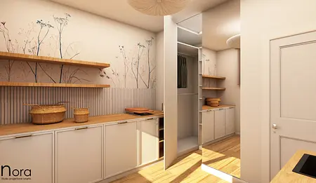 Garderoba z drewnianymi półkami, jasnymi ścianami i koszami w stylu minimalistycznym i skandynawskim.