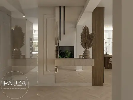 Przedpokój z nowoczesnym wystrojem, drewnianymi detalami i roślinami, styl minimaluxe.