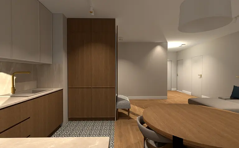 Wnętrze współczesnej kuchni z drewnianymi meblami i beżowymi detalami.