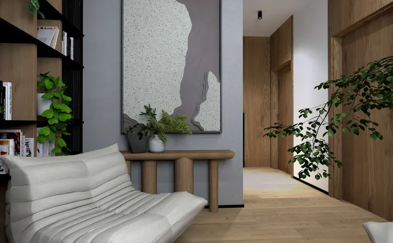 Przedpokój z nowoczesnym designem, drewniane meble i rośliny