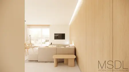 Wnętrze salonu w stylach boho i skandynawskim z beżową sofą i drewnianymi detalami.