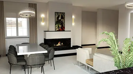 Wnętrze jadalni z białym stołem, szarymi krzesłami i zielonymi roślinami, styl nowoczesny, quiet luxury.